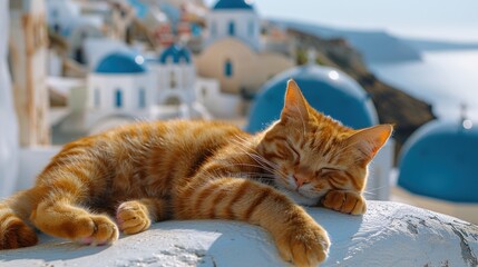 orange cat basking in the warm sunlight on a picturesque rooftop terrace in Santorini, surrounded...