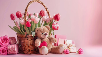 teddy bear with pink flowers in basket 
