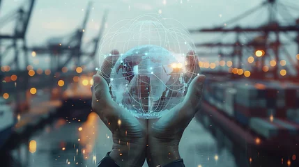 Foto op Canvas Photo close up of businessman hands holding pad with abstract digital logistics delivery and transportation hologram with globe and network on blurry dock background double exposure. Generative Ai © Handz