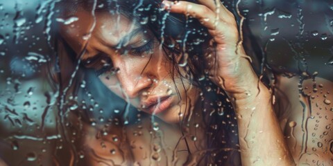 A poignant image capturing the essence of solitude, as rain streams down a windowpane, adding layers to a woman's pensive expression.
