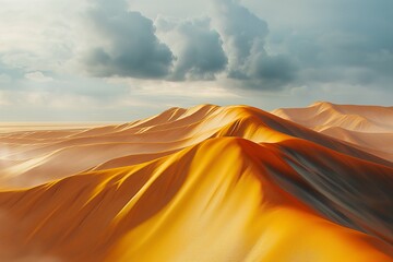 Sunset over the desert, yellow sand dunes. Waves of sand in all directions