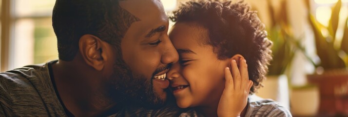 African American dad and child touching noses with affectionate smiles - obrazy, fototapety, plakaty