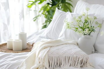 Fototapeta na wymiar White cotton and linen pillows Mockup with Boho Floral Accents