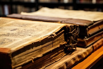 A close-up of the preserved medieval manuscripts in Trinity College Library, Dublin. - obrazy, fototapety, plakaty