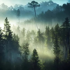 Wall murals Forest in fog Forest Landscapes in Morning Mist