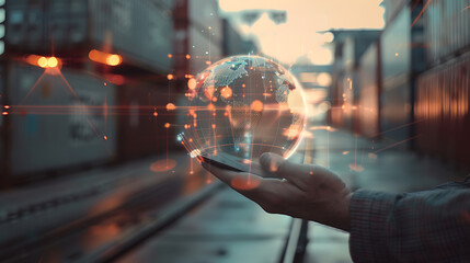 Fototapeta na wymiar Photo close up of businessman hands holding pad with abstract digital logistics delivery and transportation hologram with globe and network on blurry dock background double exposure. Generative Ai
