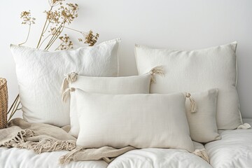 White cotton and linen pillows Mockup with Boho Floral Accents