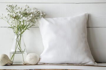 White cotton and linen pillows Mockup with Boho Floral Accents