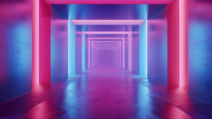 Purple light illuminates an empty hallway with long shadows stretching from the columns
