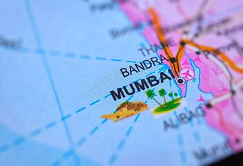 Mumbai on a map of India with blur effect.