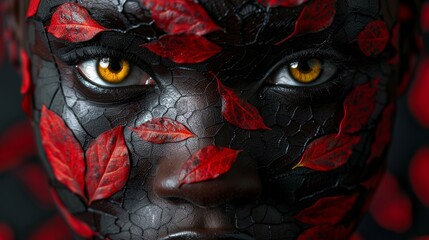face of a black young girl with skin make of red and black leafs texture on a white background, reptile yellow eyes