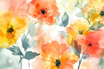 Flower watercolor art background. Wallpaper design with floral paint brush line art.