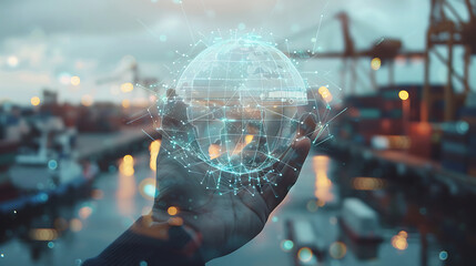 Photo close up of businessman hands holding pad with abstract digital logistics delivery and transportation hologram with globe and network on blurry dock background double exposure. Generative Ai