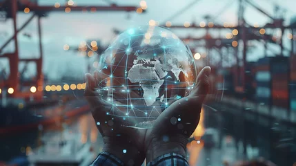 Foto op Canvas Photo close up of businessman hands holding pad with abstract digital logistics delivery and transportation hologram with globe and network on blurry dock background double exposure. Generative Ai © Handz