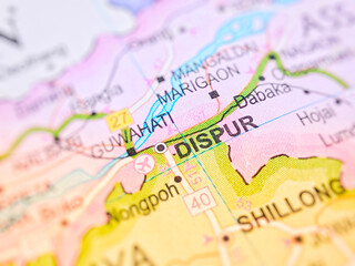 Dispur on a map of India with blur effect.