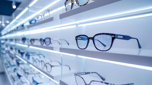 A row of eyeglasses on a shelf in a store. Modern optical shop background, Glasses assortment display