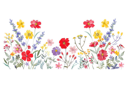 Horizontal white banner or floral backdrop decorated with gorgeous multicolored blooming flowers and leaves border.