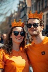 a joyful Dutch couple wearing orange attire and sunglasses, with golden crowns adorning their heads, against the backdrop of the Netherlands flag, evoking the festive spirit of King's Day celebrations