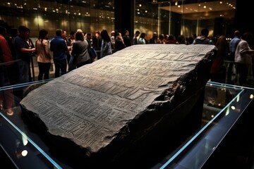 The ancient inscriptions on the Rosetta Stone in the Egyptian Museum, Cairo.