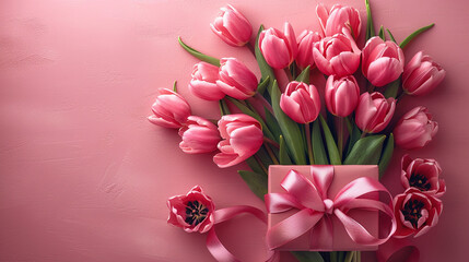 pink tulips bouquet with gift box on solid pink background with copy space