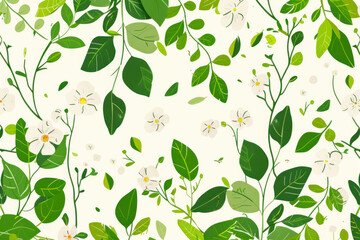 Spring abstract background with flowers, green branches and leaves.