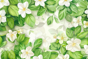 Spring abstract background with flowers, green branches and leaves.
