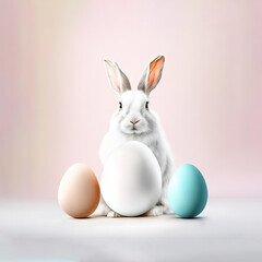 Fototapeta premium cute white bunny sits among colorful easter eggs. illustration with fluffy bunny and eggs
