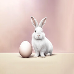 Fototapeta na wymiar cute white bunny sits among colorful easter eggs. illustration with fluffy bunny and eggs