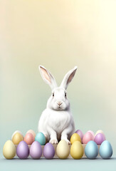 cute white bunny sits among colorful easter eggs. illustration with fluffy bunny and eggs