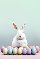 Obraz premium cute white bunny sits among colorful easter eggs. illustration with fluffy bunny and eggs
