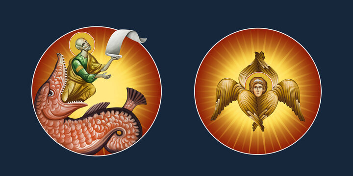 Medallions set with Saint Jonah and the Whale and Seraphim on a dark blue background. Illustration in Byzantine style