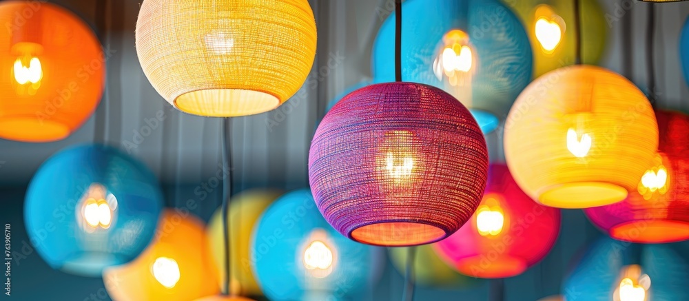 Sticker A variety of colorful lanterns in shades of magenta and electric blue, made of glass, hang from the ceiling as ornamental decorations at a special event, adding a vibrant touch to the interior design