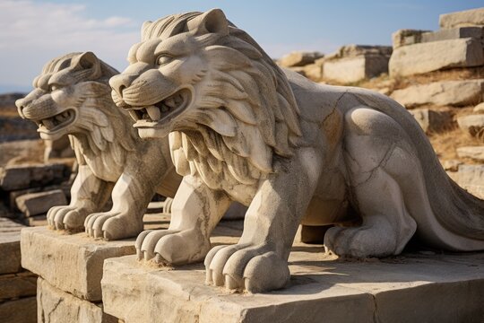 A close-up of the detailed carvings on the Stone Lions of Delos, Greece.