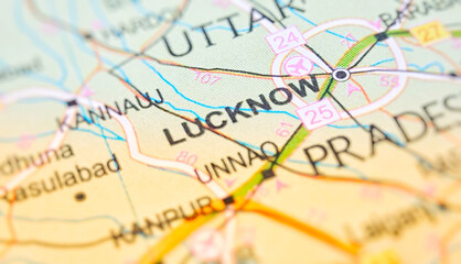 Fototapeta premium Lucknow on a map of India with blur effect.