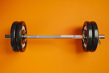 Black barbell on vivid orange background, sleek gym equipment.