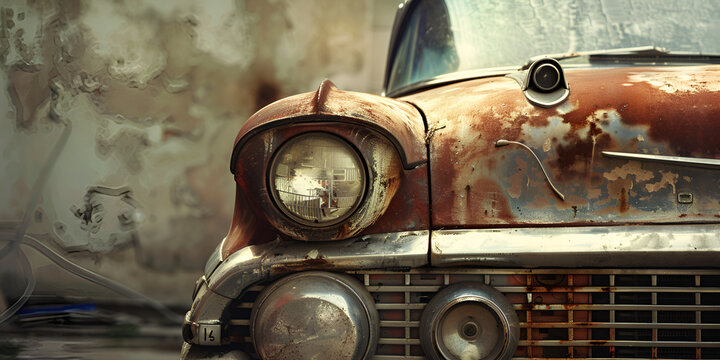 A rusted old car with a rusted grill stand on the old working area background.