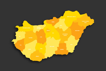 Naklejka premium Hungary political map of administrative divisions - counties and autonomous city of Budapest. Yellow shade flat vector map with name labels and dropped shadow isolated on dark grey background.