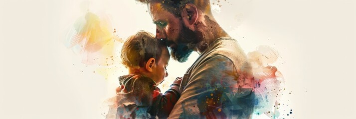 Joyful father lifting son in air, playful moment, colorful abstract splashes