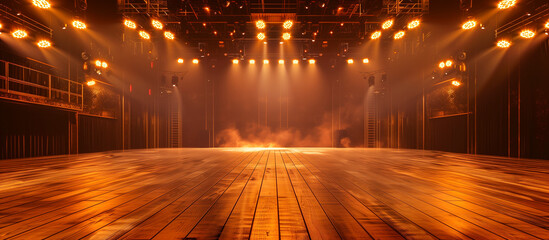 hardwood stage room with illuminated by amber lights concept background