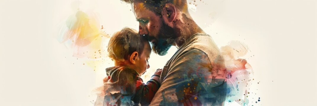 Joyful father lifting son in air, playful moment, colorful abstract splashes