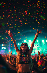 Obraz premium Low angle of young girl during a music festival at night
