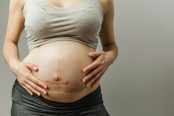 pregnant woman holding belly, stretch mark 