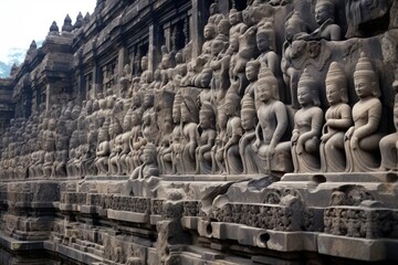 Fototapeta na wymiar The weathered stone carvings on the Borobudur temple in Indonesia.