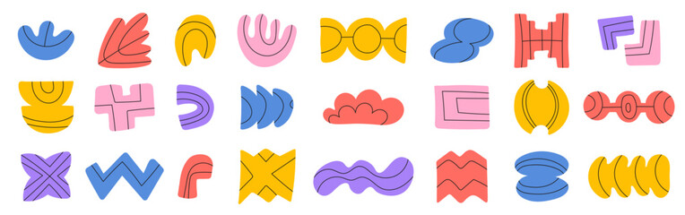 Abstract shapes set. Doodle colorful brutalist forms with black pattern