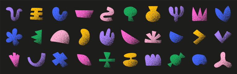 Doodle geometric shapes set with halftone pattern. Colorful trendy abstract forms with dots