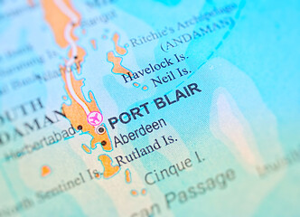 Port Blair on a map of India with blur effect.