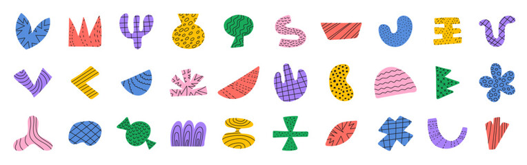 Abstract shapes set. Doodle colorful brutalist forms with black pattern