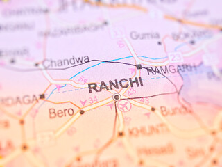 Ranchi on a map of India with blur effect.
