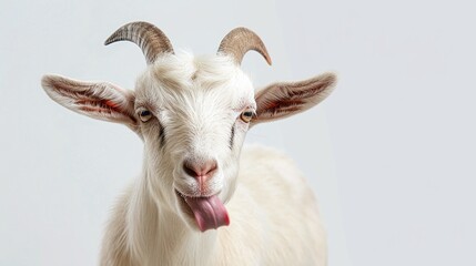 detailed portrait of a domestic white goat with its tongue visible isolated against a white background