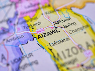 Aizawl on a map of India with blur effect.